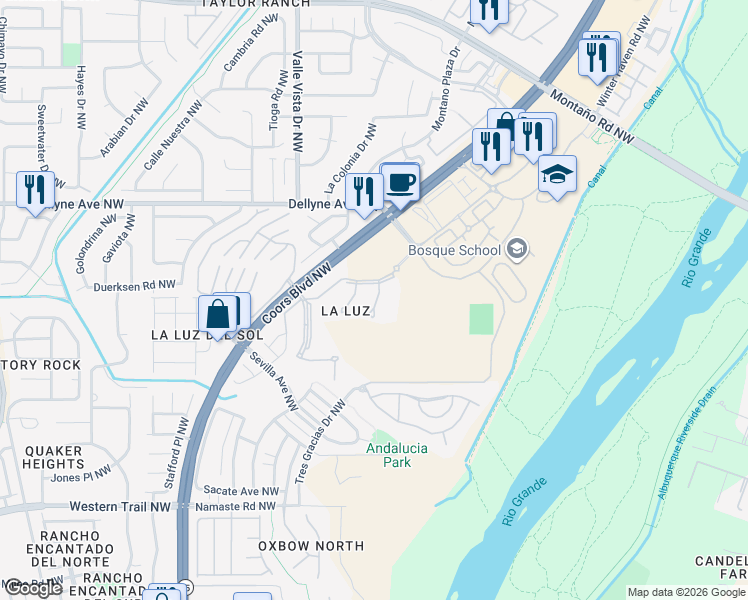 map of restaurants, bars, coffee shops, grocery stores, and more near 2 Tennis Ct NW in Albuquerque
