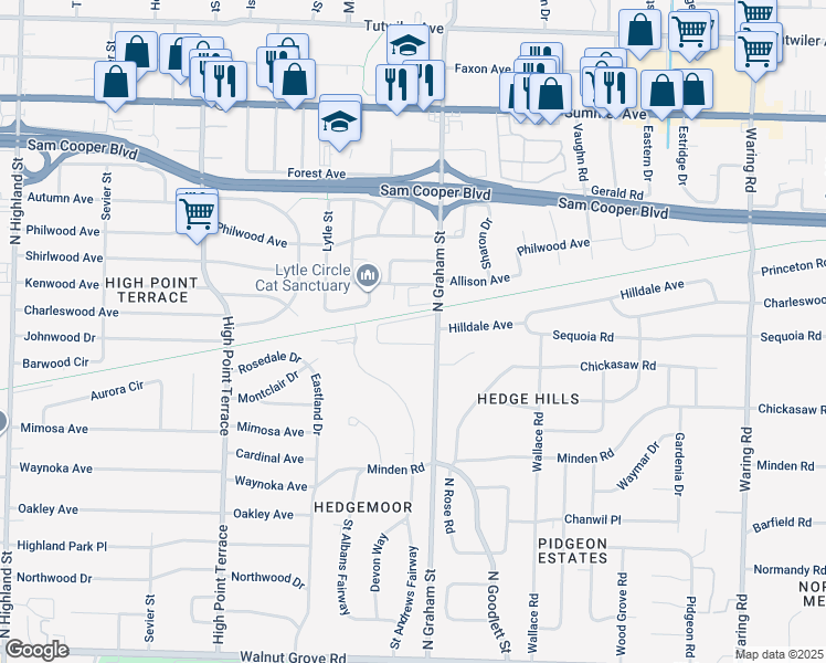 map of restaurants, bars, coffee shops, grocery stores, and more near 375 North Graham Street in Memphis