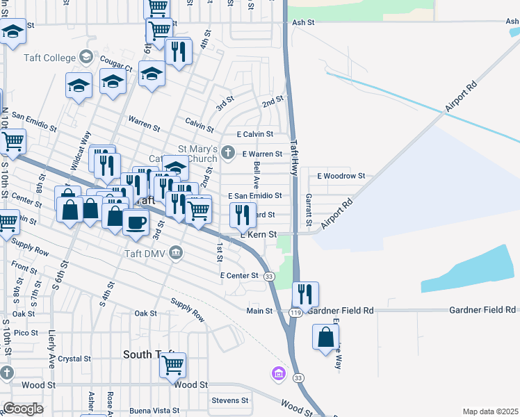 map of restaurants, bars, coffee shops, grocery stores, and more near 500 Bell Avenue in Taft