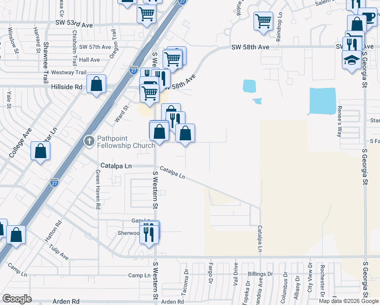 map of restaurants, bars, coffee shops, grocery stores, and more near 6501 Storage Drive in Amarillo