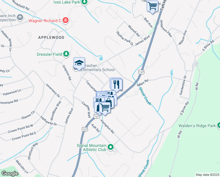map of restaurants, bars, coffee shops, grocery stores, and more near 1311 Brockton Drive in Signal Mountain