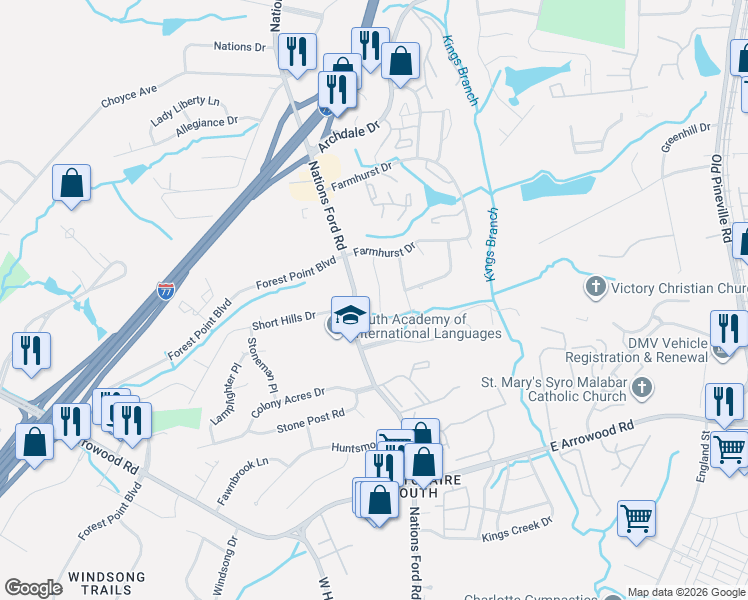 map of restaurants, bars, coffee shops, grocery stores, and more near 8208 Carrolwood Drive in Charlotte