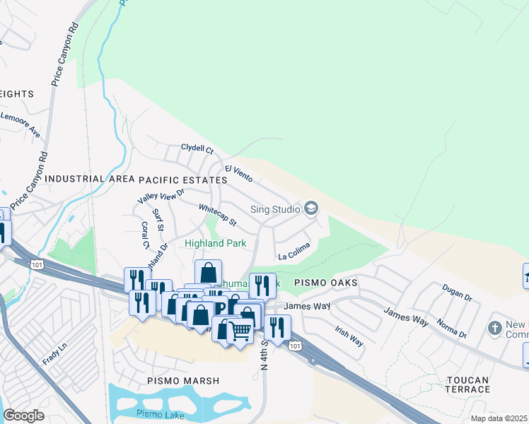 map of restaurants, bars, coffee shops, grocery stores, and more near 63 Valley View Drive in Pismo Beach