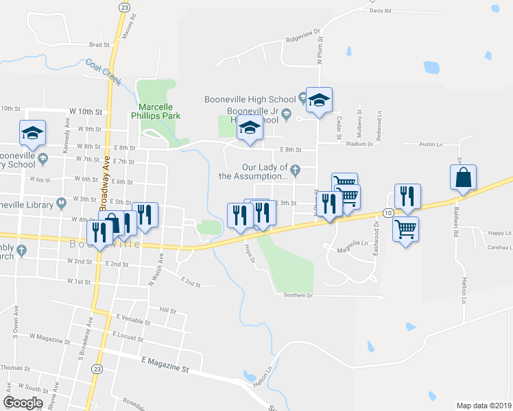 map of restaurants, bars, coffee shops, grocery stores, and more near 720 East 5th Street in Booneville