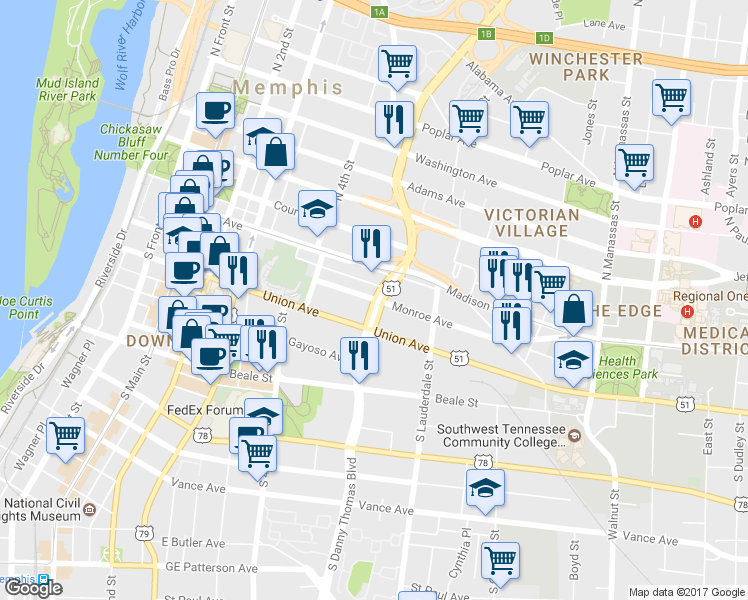 map of restaurants, bars, coffee shops, grocery stores, and more near S Danny Thomas Blvd & Monroe Ave in Memphis
