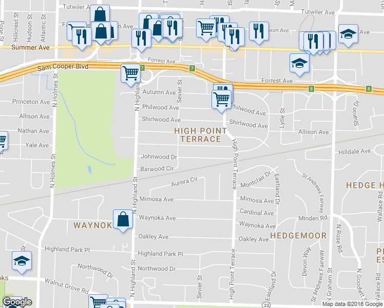 map of restaurants, bars, coffee shops, grocery stores, and more near 3638 Johnwood Drive in Memphis