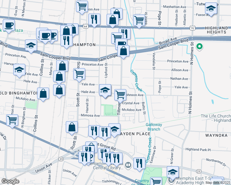 map of restaurants, bars, coffee shops, grocery stores, and more near 2953 Hale Avenue in Memphis