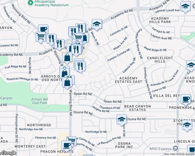 map of restaurants, bars, coffee shops, grocery stores, and more near 8628 New Hampton Road Northeast in Albuquerque