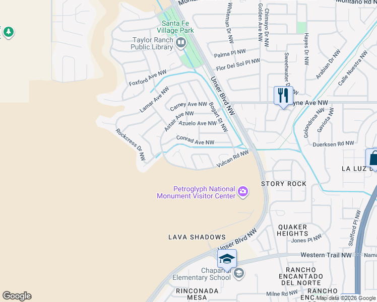 map of restaurants, bars, coffee shops, grocery stores, and more near 6549 Cliffrose Road Northwest in Albuquerque