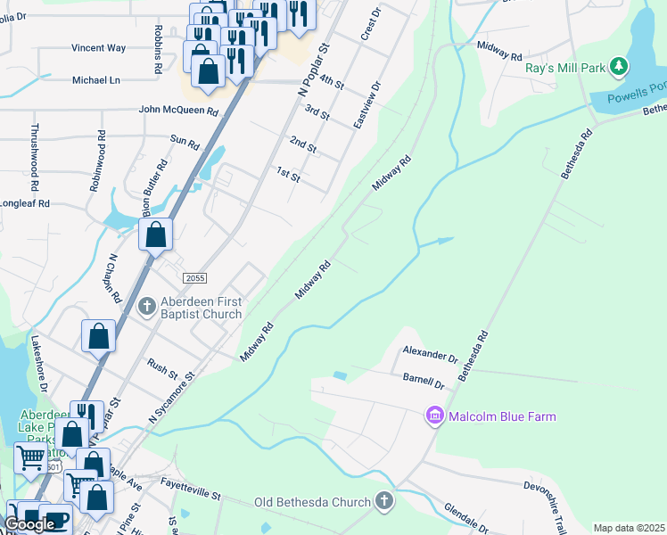 map of restaurants, bars, coffee shops, grocery stores, and more near 328 Midway Road in Aberdeen