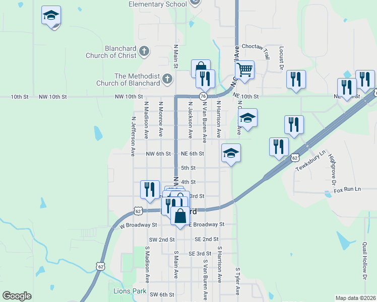 map of restaurants, bars, coffee shops, grocery stores, and more near 603 North Jackson Avenue in Blanchard