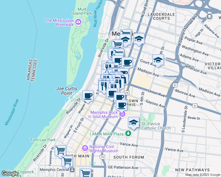 map of restaurants, bars, coffee shops, grocery stores, and more near 100 South Main Street in Memphis
