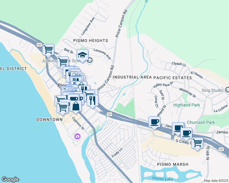 map of restaurants, bars, coffee shops, grocery stores, and more near 461 Bello Street in Pismo Beach