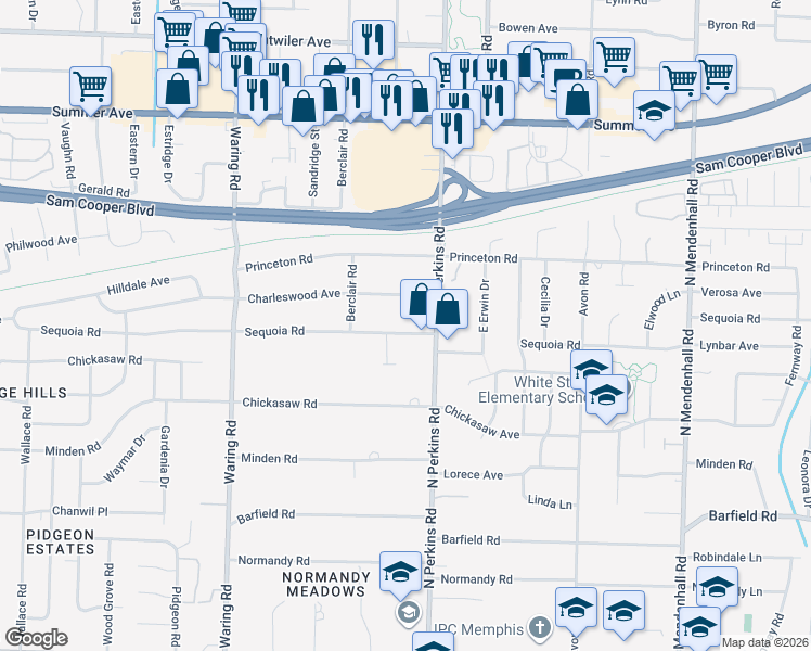 map of restaurants, bars, coffee shops, grocery stores, and more near 4554 Sequoia Avenue in Memphis