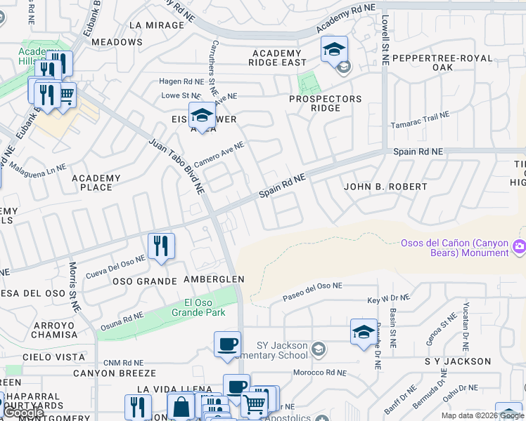 map of restaurants, bars, coffee shops, grocery stores, and more near 5301 Overlook Drive Northeast in Albuquerque