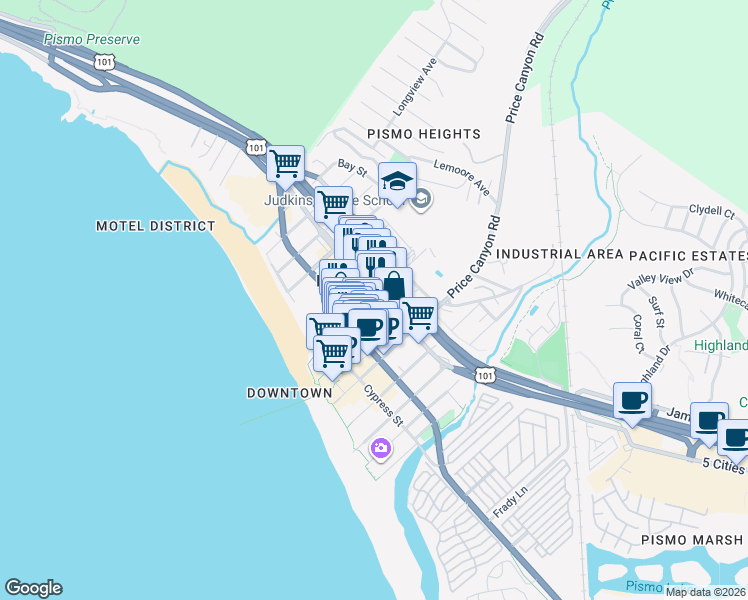 map of restaurants, bars, coffee shops, grocery stores, and more near 791 Price Street in Pismo Beach