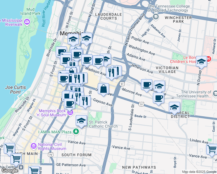 map of restaurants, bars, coffee shops, grocery stores, and more near 309 Monroe Avenue in Memphis