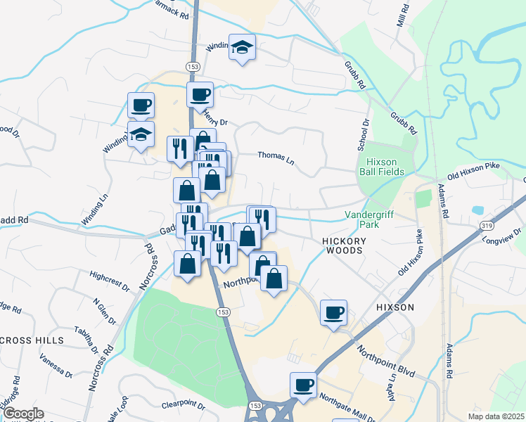 map of restaurants, bars, coffee shops, grocery stores, and more near 1222 Gadd Road in Chattanooga