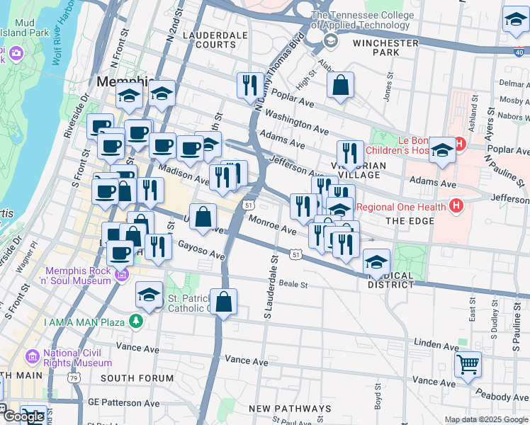 map of restaurants, bars, coffee shops, grocery stores, and more near 400 Monroe Avenue in Memphis
