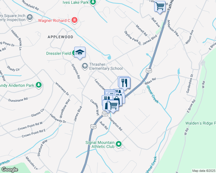 map of restaurants, bars, coffee shops, grocery stores, and more near 1307 Aswan Drive in Signal Mountain