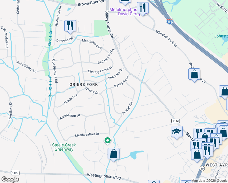 map of restaurants, bars, coffee shops, grocery stores, and more near 2511 Scarlet Circle in Charlotte