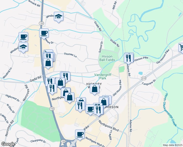 map of restaurants, bars, coffee shops, grocery stores, and more near 1314 Gadd Road in Chattanooga
