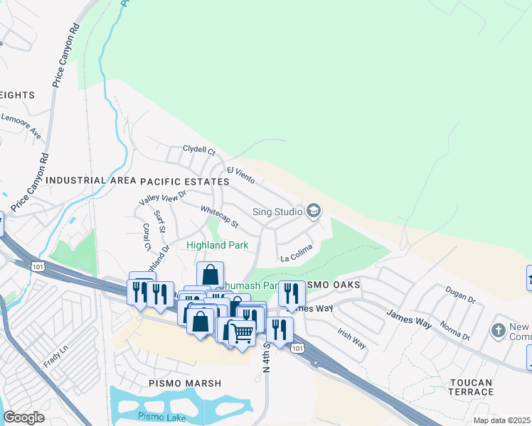 map of restaurants, bars, coffee shops, grocery stores, and more near 63 Valley View Drive in Pismo Beach