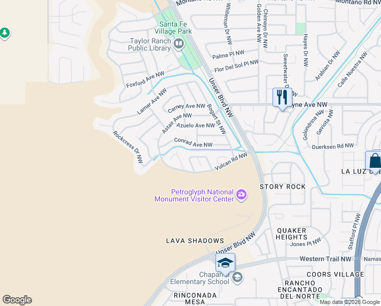 map of restaurants, bars, coffee shops, grocery stores, and more near 6549 Cliffrose Road Northwest in Albuquerque