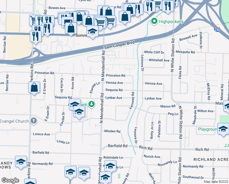 map of restaurants, bars, coffee shops, grocery stores, and more near 4969 Sequoia Road in Memphis
