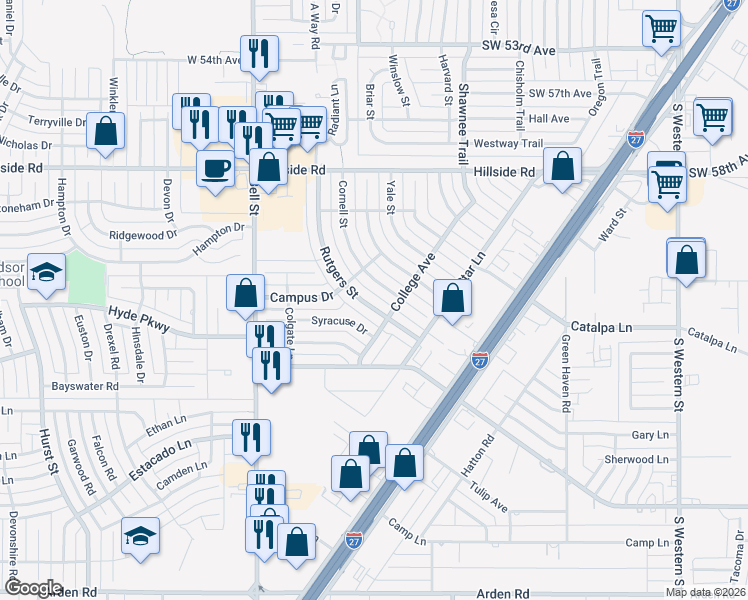 map of restaurants, bars, coffee shops, grocery stores, and more near 6215 Rutgers Street in Amarillo