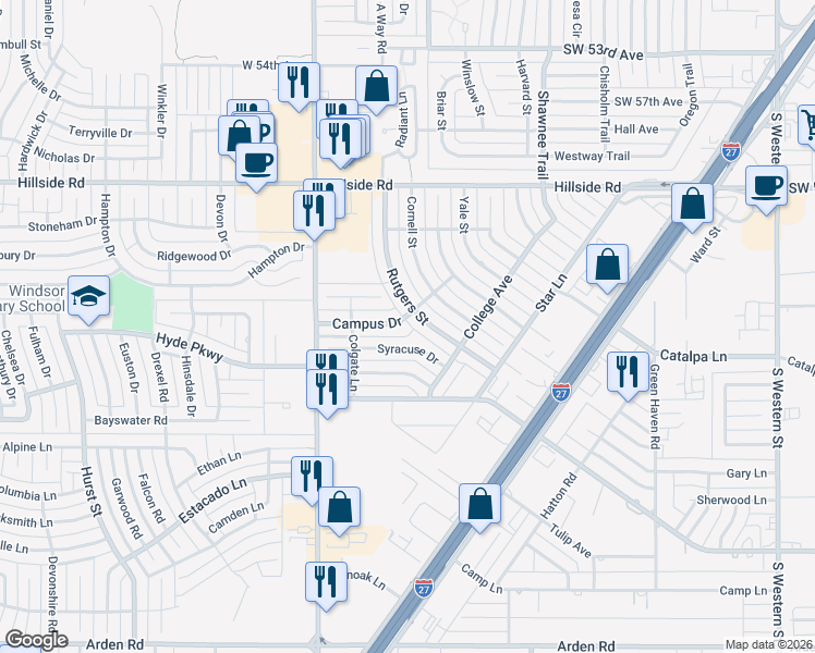 map of restaurants, bars, coffee shops, grocery stores, and more near 6204 Rutgers Street in Amarillo
