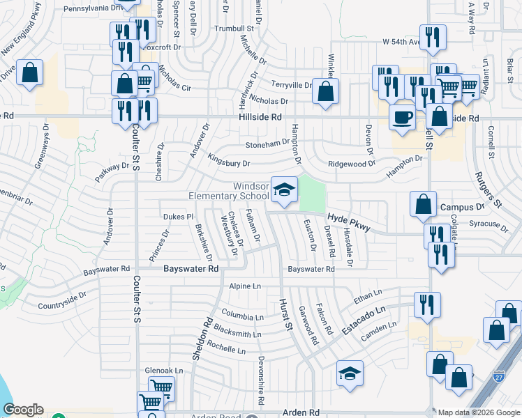 map of restaurants, bars, coffee shops, grocery stores, and more near 7005 Fulham Drive in Amarillo