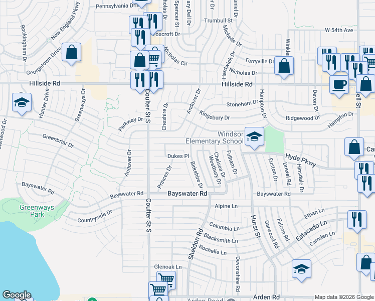 map of restaurants, bars, coffee shops, grocery stores, and more near 7009 Birkshire Drive in Amarillo
