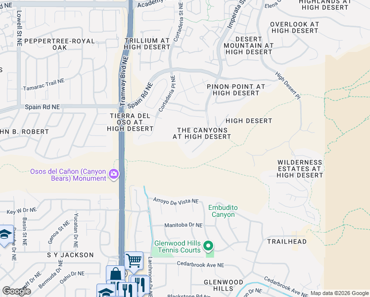 map of restaurants, bars, coffee shops, grocery stores, and more near 5300 Canyon Bluff Trail Northeast in Albuquerque