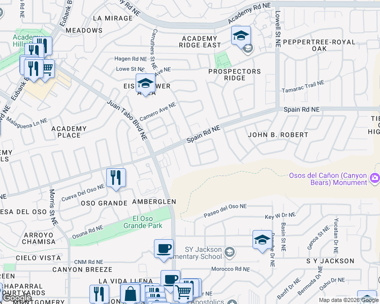 map of restaurants, bars, coffee shops, grocery stores, and more near 5301 Overlook Drive Northeast in Albuquerque