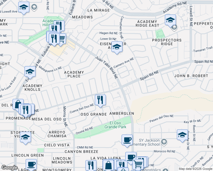 map of restaurants, bars, coffee shops, grocery stores, and more near 5309 Thomas Drive Northeast in Albuquerque