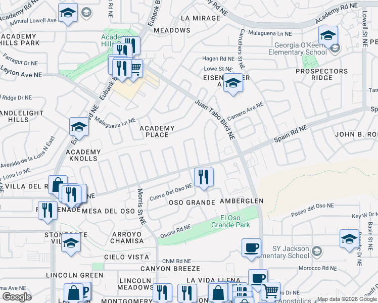 map of restaurants, bars, coffee shops, grocery stores, and more near 5405 Purcell Drive Northeast in Albuquerque