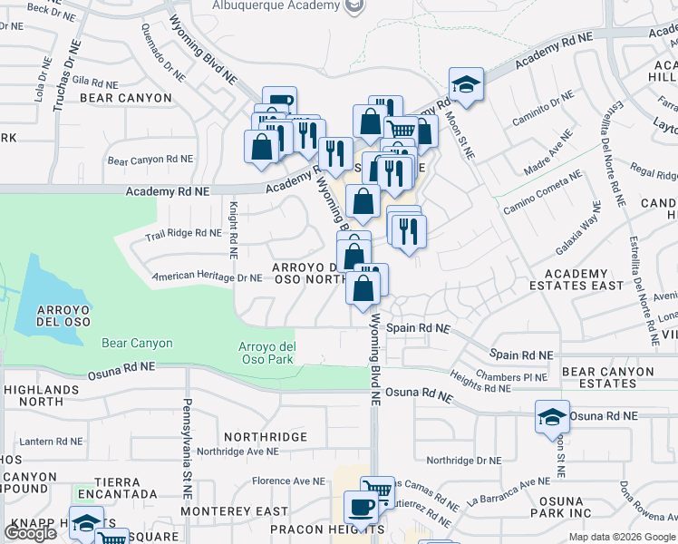 map of restaurants, bars, coffee shops, grocery stores, and more near 5349 Heritage Court Northeast in Albuquerque