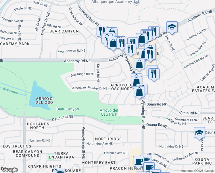 map of restaurants, bars, coffee shops, grocery stores, and more near 7805 American Heritage Drive Northeast in Albuquerque