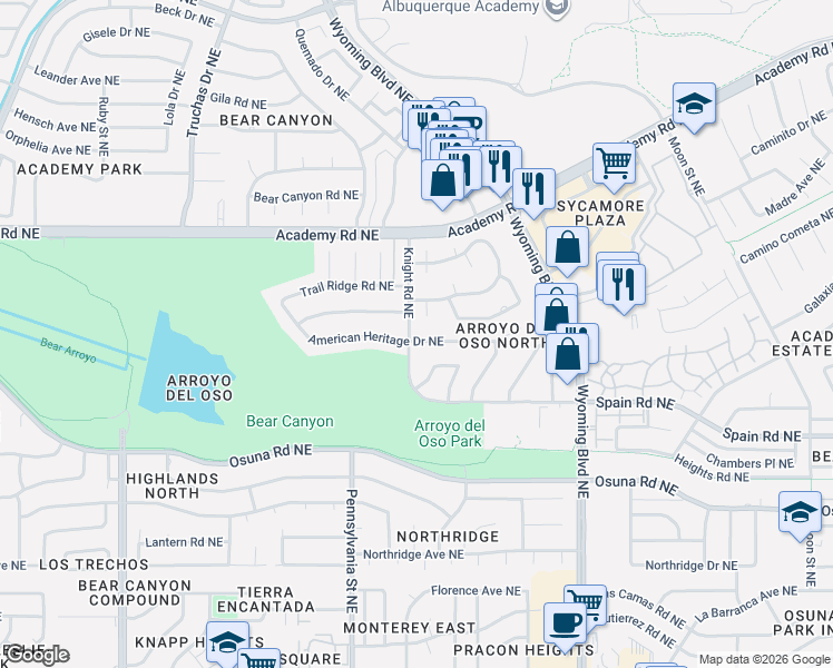map of restaurants, bars, coffee shops, grocery stores, and more near 7805 American Heritage Drive Northeast in Albuquerque