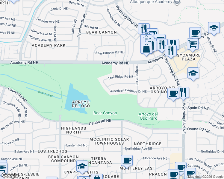 map of restaurants, bars, coffee shops, grocery stores, and more near 7601 American Heritage Drive Northeast in Albuquerque