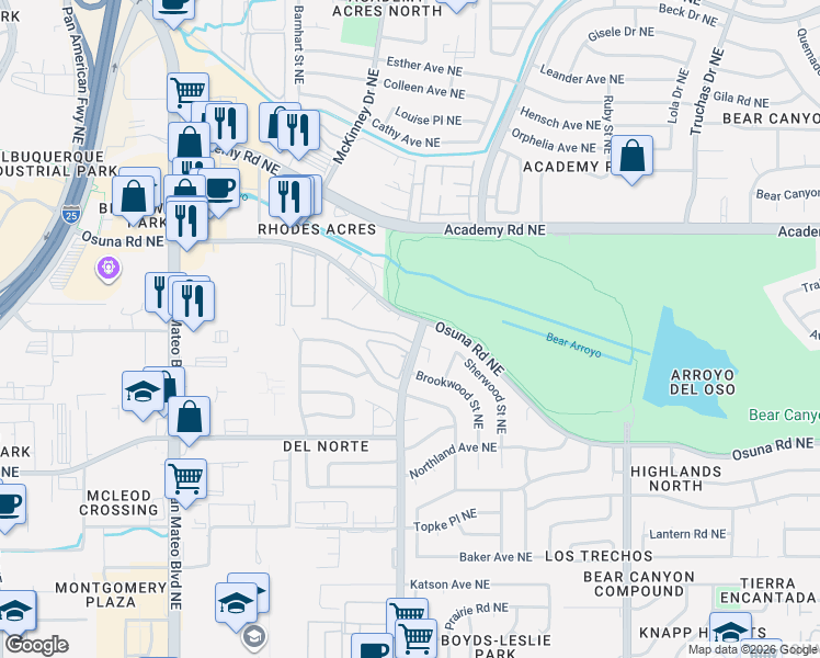 map of restaurants, bars, coffee shops, grocery stores, and more near 6200 Osuna Road Northeast in Albuquerque