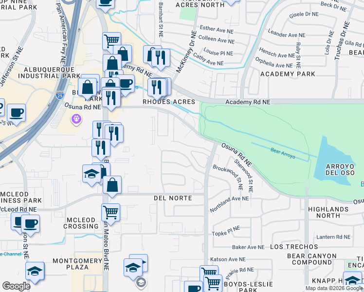 map of restaurants, bars, coffee shops, grocery stores, and more near 6028 Del Campo Place in Albuquerque