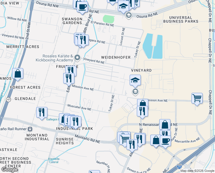 map of restaurants, bars, coffee shops, grocery stores, and more near 555 Mission Avenue Northeast in Albuquerque