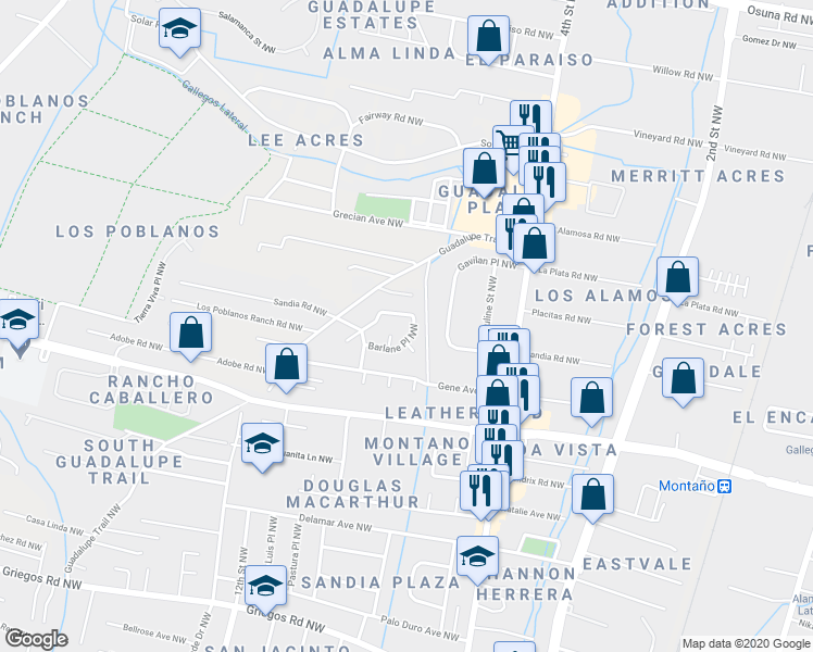 map of restaurants, bars, coffee shops, grocery stores, and more near 5812 Trail Northwest in Albuquerque