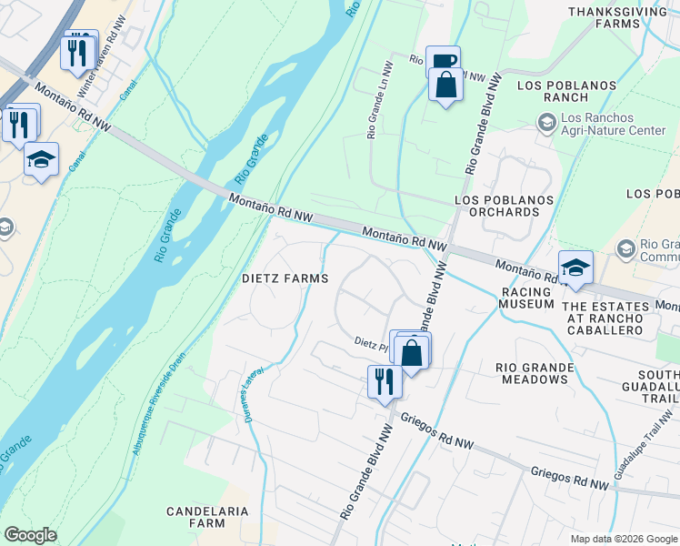 map of restaurants, bars, coffee shops, grocery stores, and more near 2305 Dietz Place Northwest in Albuquerque