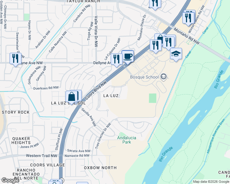 map of restaurants, bars, coffee shops, grocery stores, and more near 2 Tennis Court Northwest in Albuquerque