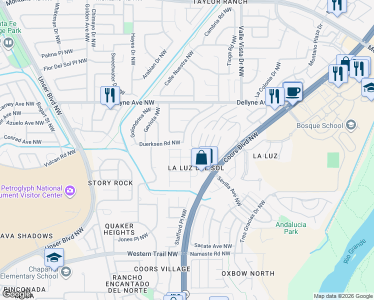 map of restaurants, bars, coffee shops, grocery stores, and more near 5032 Costa Maresme Drive Northwest in Albuquerque