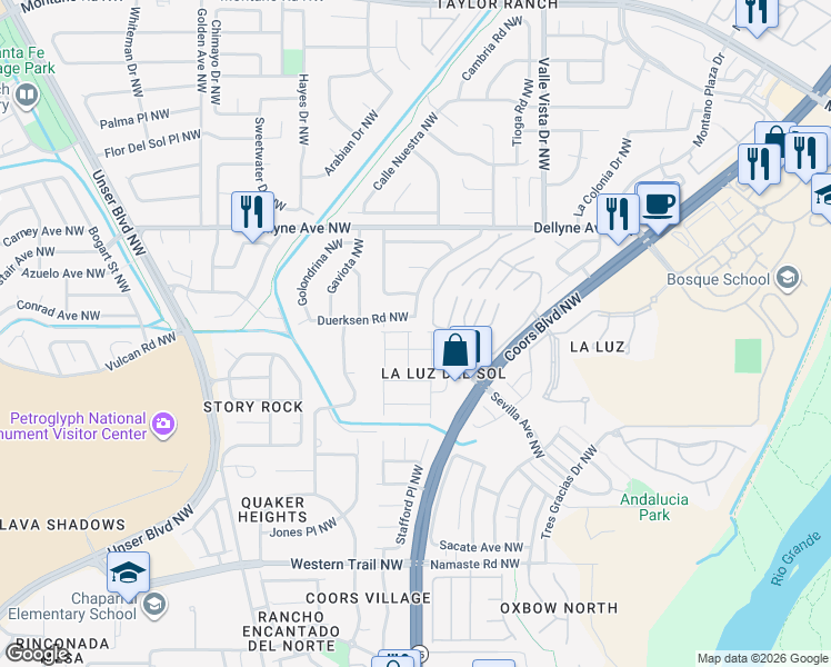map of restaurants, bars, coffee shops, grocery stores, and more near 5032 Costa Maresme Drive Northwest in Albuquerque