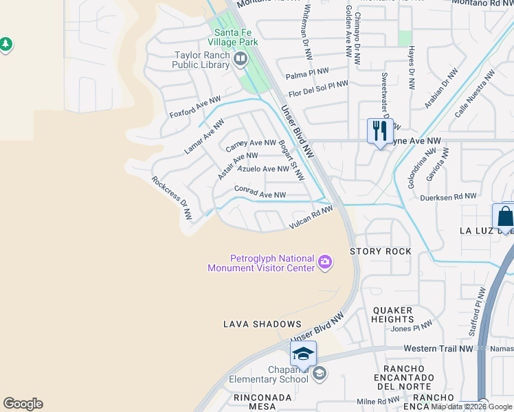 map of restaurants, bars, coffee shops, grocery stores, and more near 6549 Cliffrose Road Northwest in Albuquerque